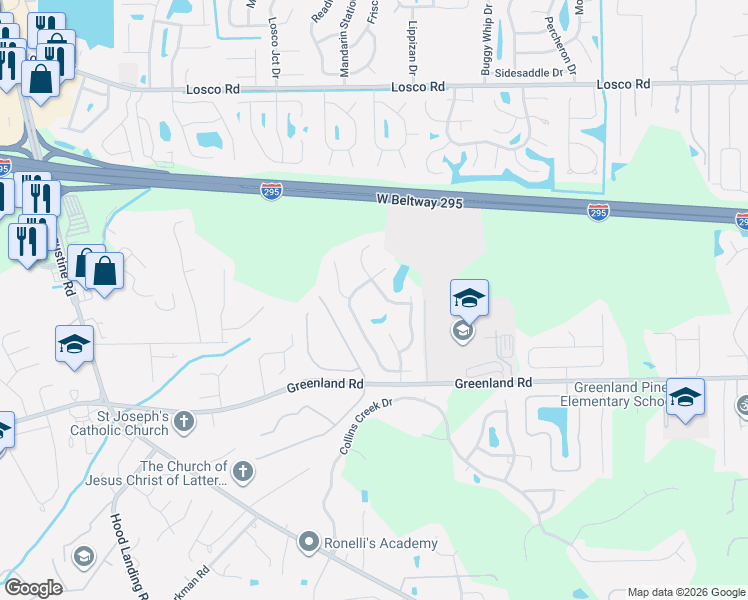 map of restaurants, bars, coffee shops, grocery stores, and more near 11534 Courtney Waters Lane in Jacksonville