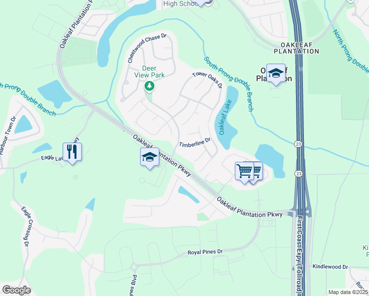 map of restaurants, bars, coffee shops, grocery stores, and more near 3783 Timberline Drive in Orange Park