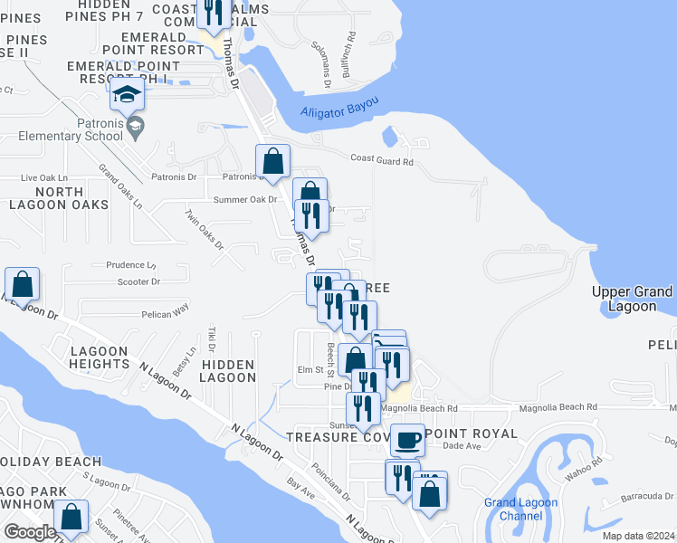 map of restaurants, bars, coffee shops, grocery stores, and more near 2027 Thomas Drive in Panama City