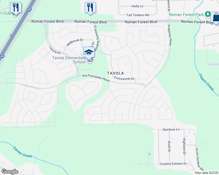 map of restaurants, bars, coffee shops, grocery stores, and more near 18984 Columbus Mill Drive in New Caney