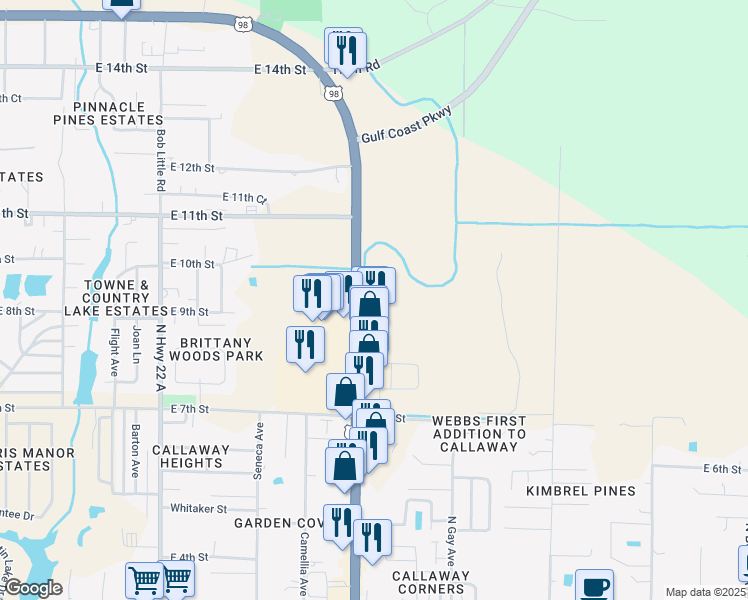 map of restaurants, bars, coffee shops, grocery stores, and more near 902 North Tyndall Parkway in Callaway
