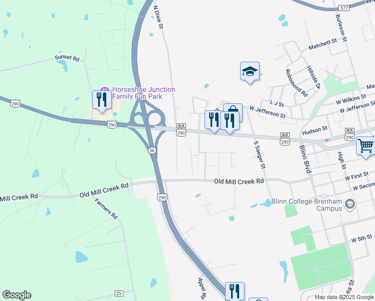 map of restaurants, bars, coffee shops, grocery stores, and more near 106 South Drumm Street in Brenham