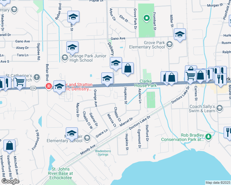 map of restaurants, bars, coffee shops, grocery stores, and more near 1248 Kingsley Avenue in Orange Park
