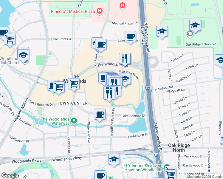 map of restaurants, bars, coffee shops, grocery stores, and more near 1201 Lake Woodlands Drive in The Woodlands
