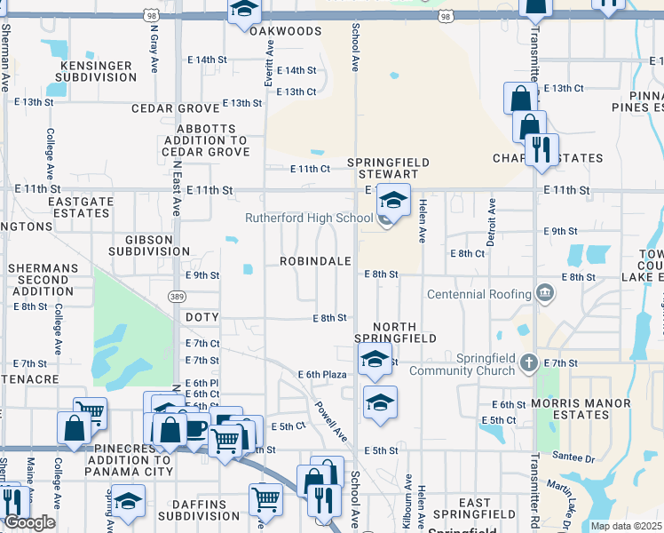 map of restaurants, bars, coffee shops, grocery stores, and more near 910 Huntington Drive in Panama City