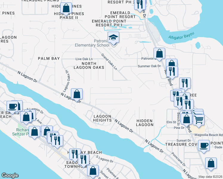 map of restaurants, bars, coffee shops, grocery stores, and more near 306 Prudence Lane in Panama City Beach