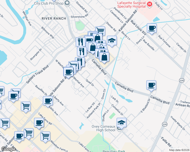map of restaurants, bars, coffee shops, grocery stores, and more near 211 Starling Lane in Lafayette