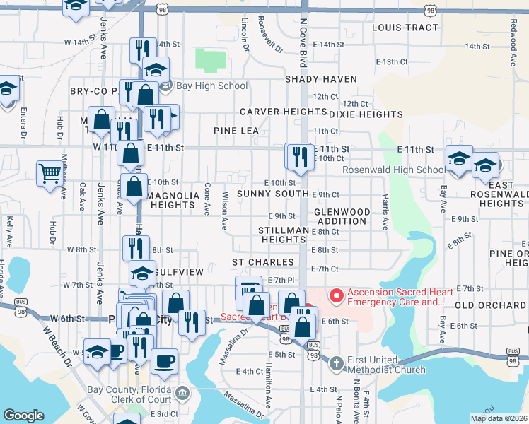 map of restaurants, bars, coffee shops, grocery stores, and more near 541 East 9th Street in Panama City