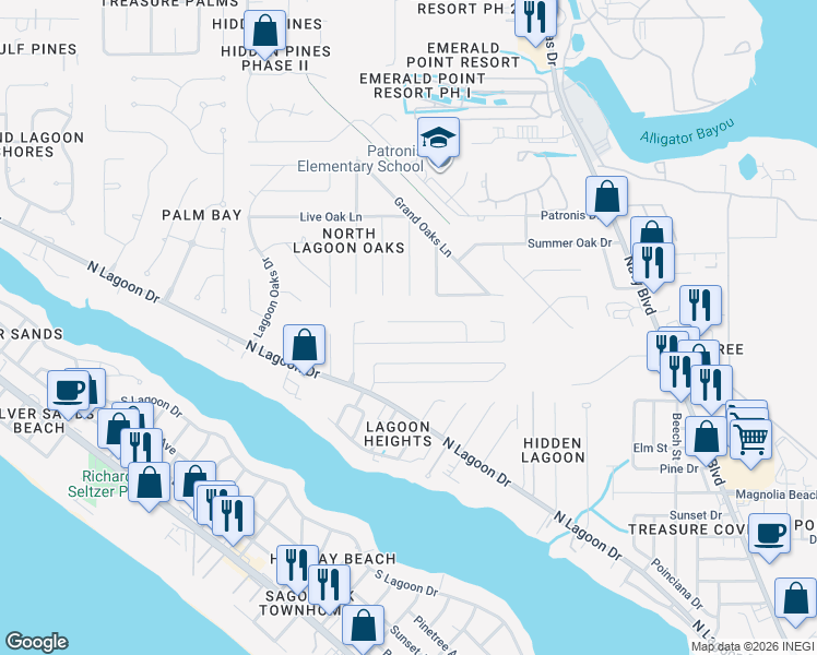 map of restaurants, bars, coffee shops, grocery stores, and more near 2526 Shady Oak Court in Panama City