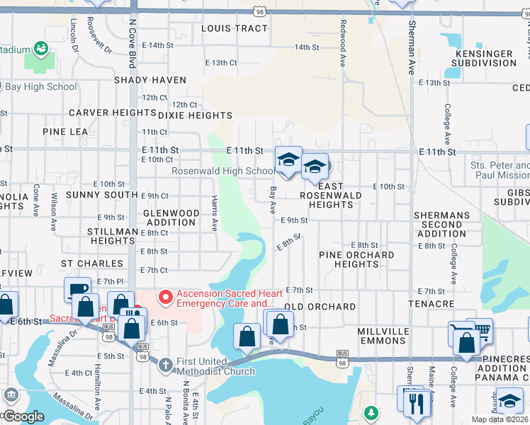 map of restaurants, bars, coffee shops, grocery stores, and more near East 9th Court in Panama City