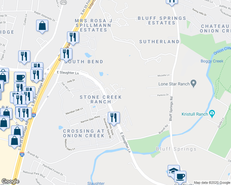 map of restaurants, bars, coffee shops, grocery stores, and more near 516 East Slaughter Lane in Austin