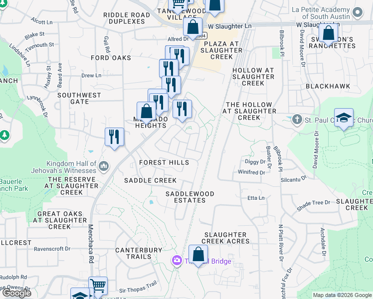 map of restaurants, bars, coffee shops, grocery stores, and more near 10501 Marfa Drive in Austin