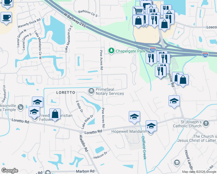 map of restaurants, bars, coffee shops, grocery stores, and more near 11548 Cypress Bend Court in Jacksonville