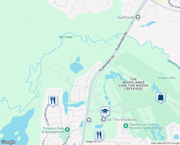 map of restaurants, bars, coffee shops, grocery stores, and more near 53 Sundown Ridge Place in The Woodlands