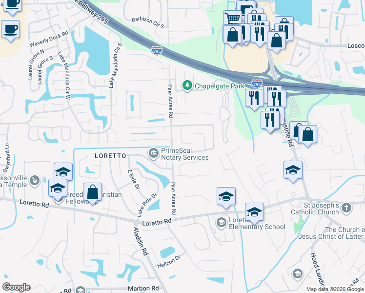 map of restaurants, bars, coffee shops, grocery stores, and more near 11548 Cypress Bend Court in Jacksonville