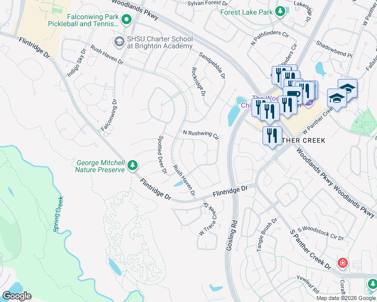 map of restaurants, bars, coffee shops, grocery stores, and more near 67 Fire Flicker Place in Spring