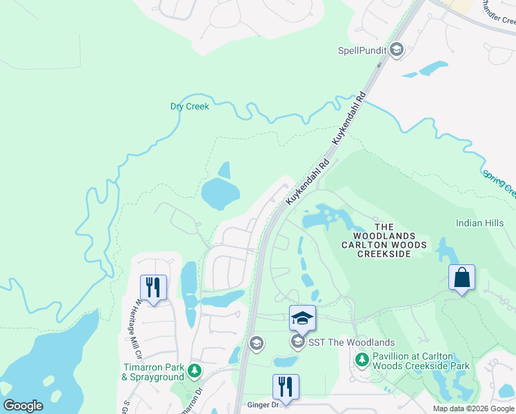 map of restaurants, bars, coffee shops, grocery stores, and more near 53 Sundown Ridge Place in The Woodlands