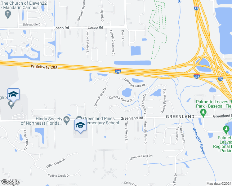 map of restaurants, bars, coffee shops, grocery stores, and more near 11548 Petersham Falls Lane in Jacksonville