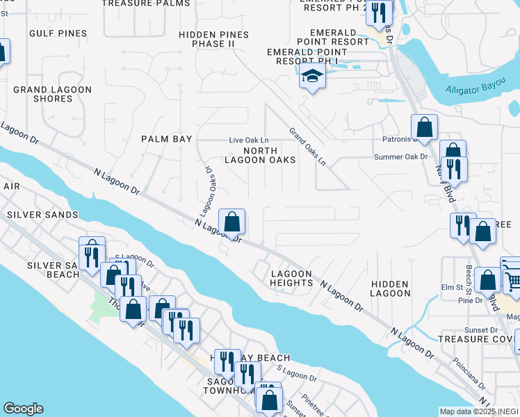 map of restaurants, bars, coffee shops, grocery stores, and more near 115 Razz Way in Panama City