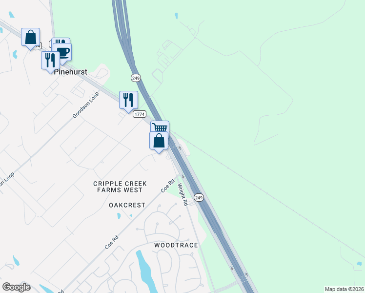 map of restaurants, bars, coffee shops, grocery stores, and more near 34624 Highway 249 in Pinehurst