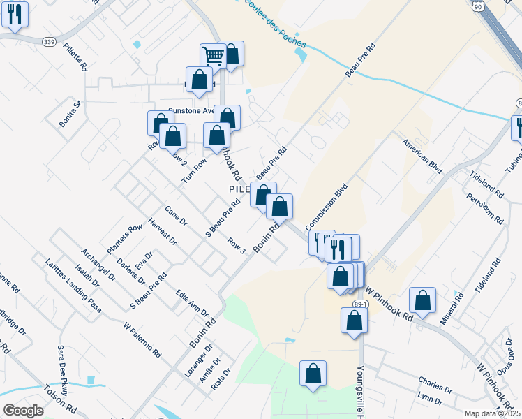 map of restaurants, bars, coffee shops, grocery stores, and more near 3329 West Pinhook Road in Lafayette