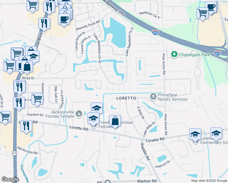 map of restaurants, bars, coffee shops, grocery stores, and more near 11439 Sea Fury Way in Jacksonville