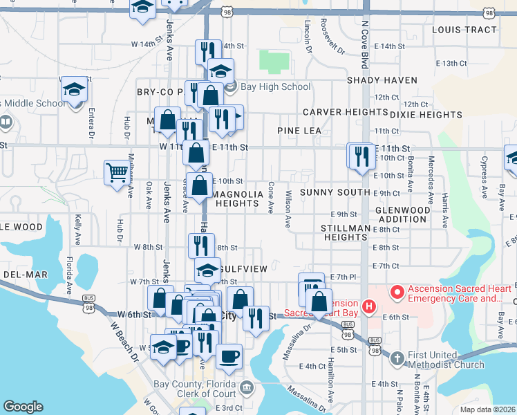 map of restaurants, bars, coffee shops, grocery stores, and more near 912 Mc Kenzie Avenue in Panama City