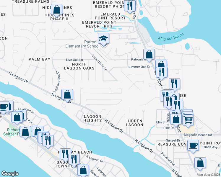 map of restaurants, bars, coffee shops, grocery stores, and more near 306 Prudence Lane in Panama City Beach