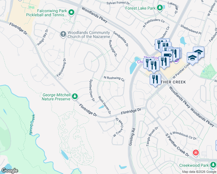 map of restaurants, bars, coffee shops, grocery stores, and more near 67 Fire Flicker Place in Spring