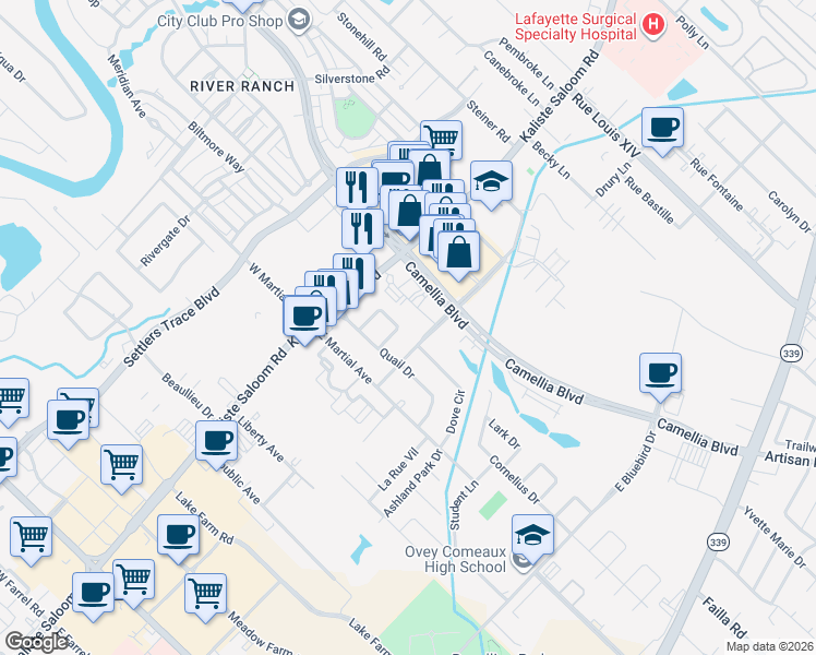 map of restaurants, bars, coffee shops, grocery stores, and more near 211 Starling Lane in Lafayette