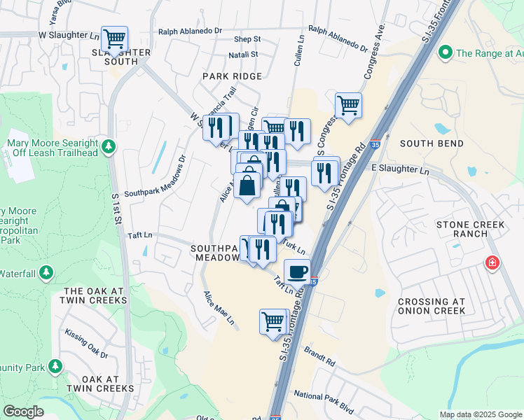 map of restaurants, bars, coffee shops, grocery stores, and more near South I H 35 in Austin