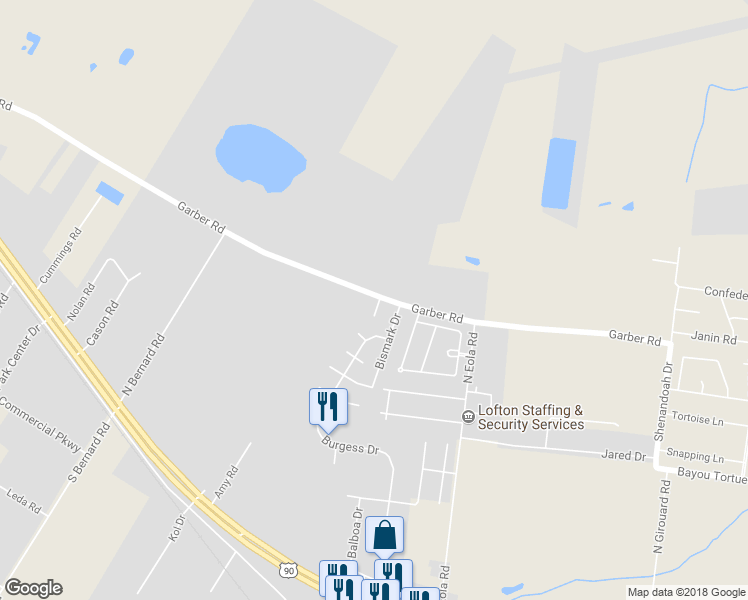 map of restaurants, bars, coffee shops, grocery stores, and more near 100 Savignon Circle in Broussard