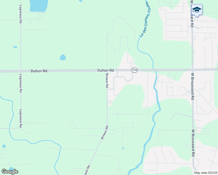 map of restaurants, bars, coffee shops, grocery stores, and more near 1406 Breaux Road in Lafayette