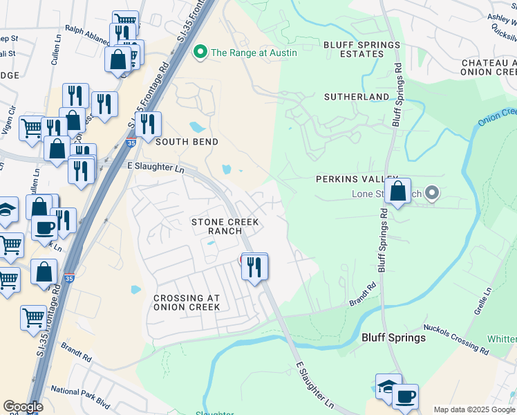 map of restaurants, bars, coffee shops, grocery stores, and more near 516 East Slaughter Lane in Austin