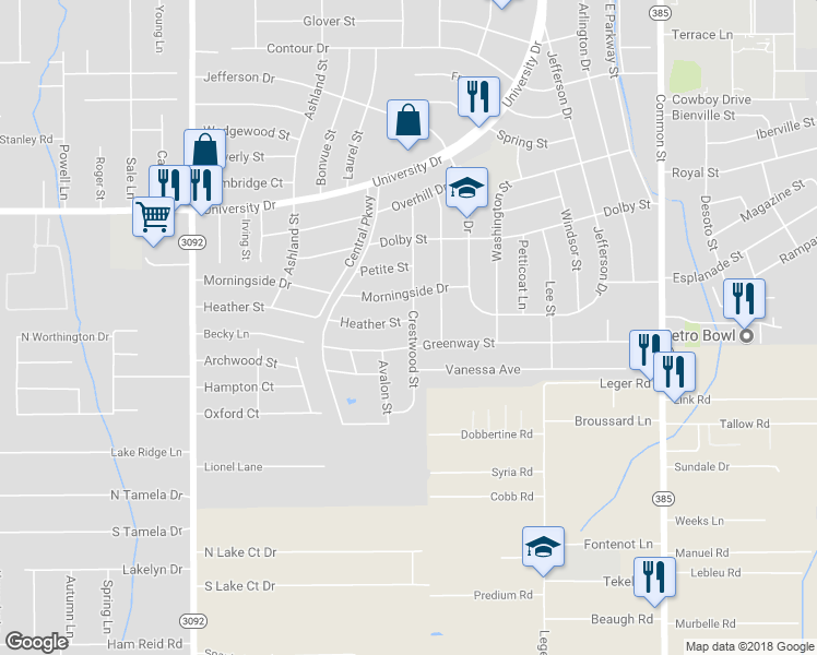 map of restaurants, bars, coffee shops, grocery stores, and more near 322 Crestwood Street in Lake Charles