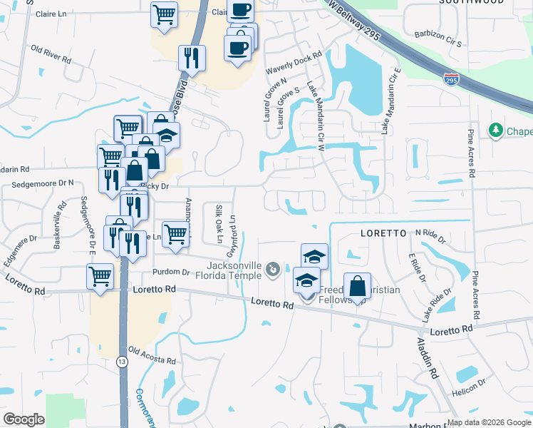 map of restaurants, bars, coffee shops, grocery stores, and more near Unnamed Road in Jacksonville