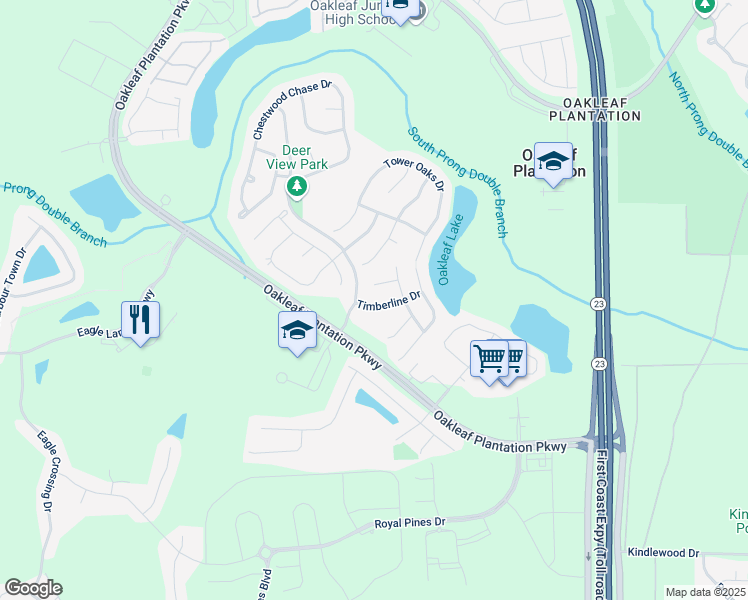 map of restaurants, bars, coffee shops, grocery stores, and more near 3792 Timberline Drive in Orange Park