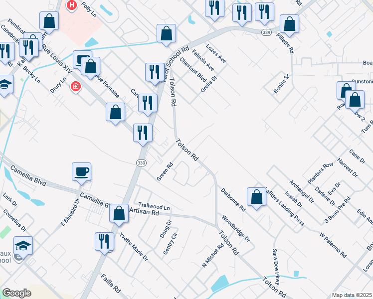 map of restaurants, bars, coffee shops, grocery stores, and more near 503-529 Tolson Road in Lafayette