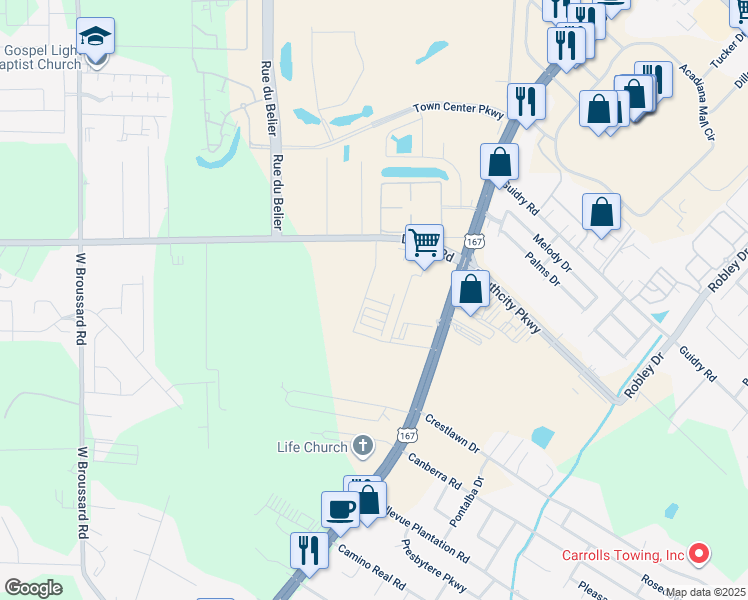 map of restaurants, bars, coffee shops, grocery stores, and more near 6136 Johnston Street in Lafayette