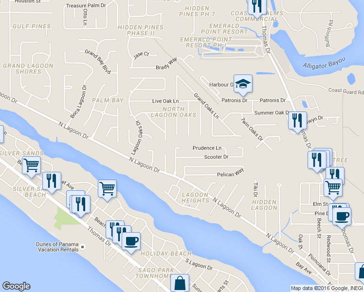 map of restaurants, bars, coffee shops, grocery stores, and more near 121 Razz Way in Panama City