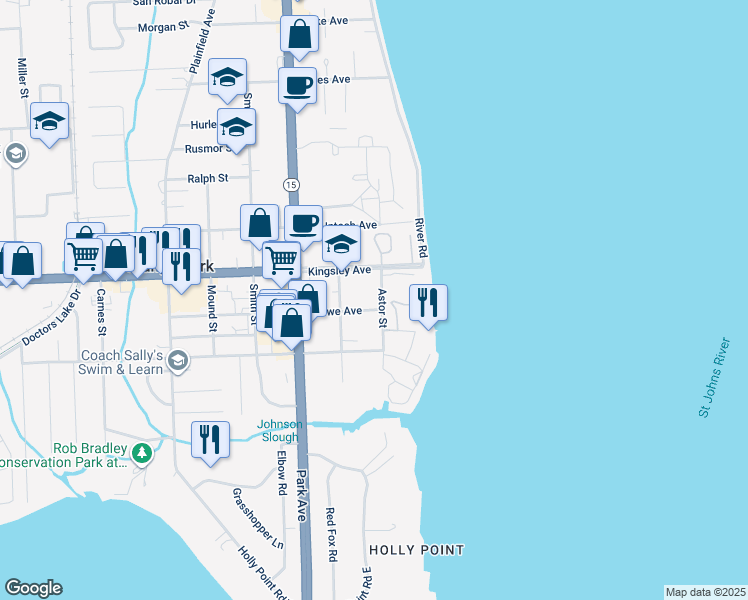 map of restaurants, bars, coffee shops, grocery stores, and more near 2060 Astor Street in Orange Park