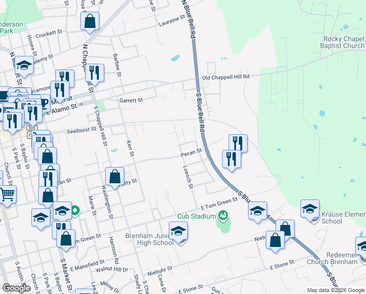 map of restaurants, bars, coffee shops, grocery stores, and more near 1500 Yager Drive in Brenham