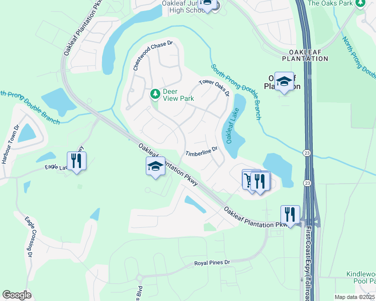 map of restaurants, bars, coffee shops, grocery stores, and more near 3792 Timberline Drive in Orange Park
