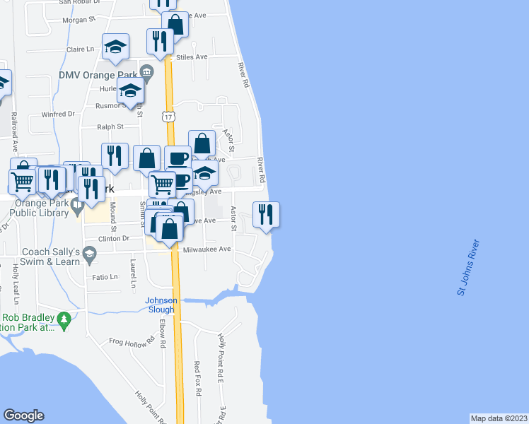 map of restaurants, bars, coffee shops, grocery stores, and more near 2099 Winterbourne Street East in Orange Park