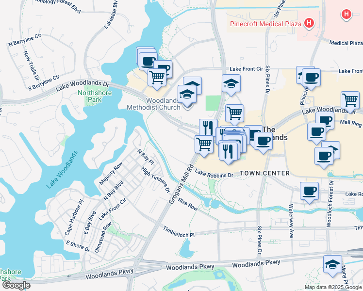 map of restaurants, bars, coffee shops, grocery stores, and more near 9669 Grogans Mill Road in Spring