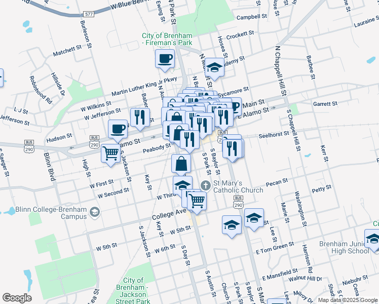 map of restaurants, bars, coffee shops, grocery stores, and more near 300 Church Street in Brenham