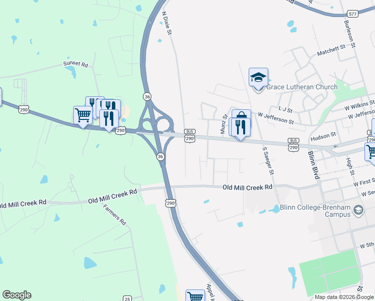 map of restaurants, bars, coffee shops, grocery stores, and more near 103 South Dixie Street in Brenham