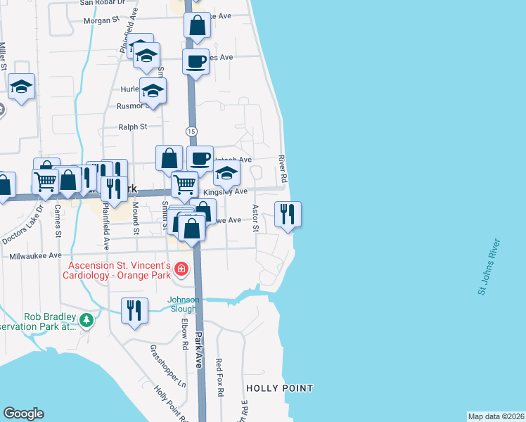 map of restaurants, bars, coffee shops, grocery stores, and more near 2060 Astor Street in Orange Park
