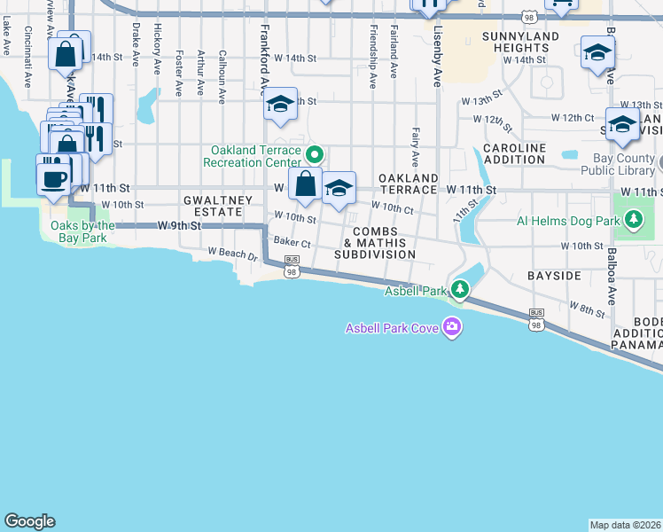 map of restaurants, bars, coffee shops, grocery stores, and more near 1810 West Beach Drive in Panama City