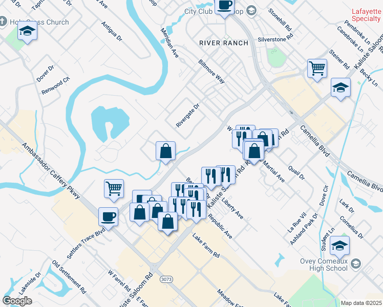 map of restaurants, bars, coffee shops, grocery stores, and more near Settlers Trace Boulevard in Lafayette
